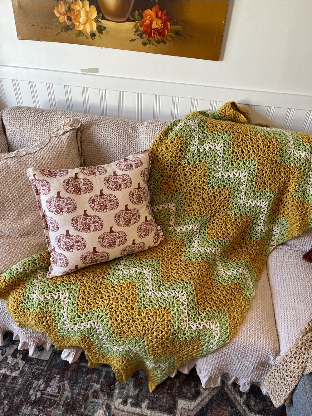 Handmade Fall Yellow & Green Chevron Crochet Throw Blanket 45”x132”